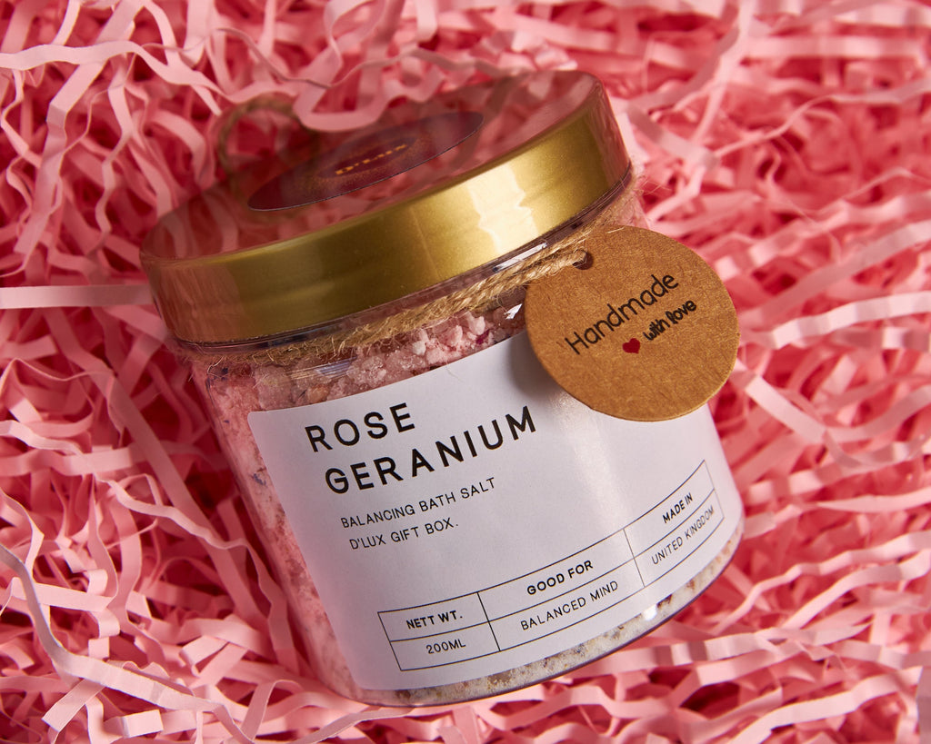 Rose Geranium- Scented bath salts with luxury fragrances. Leaves skin feeling superbly soft and smooth